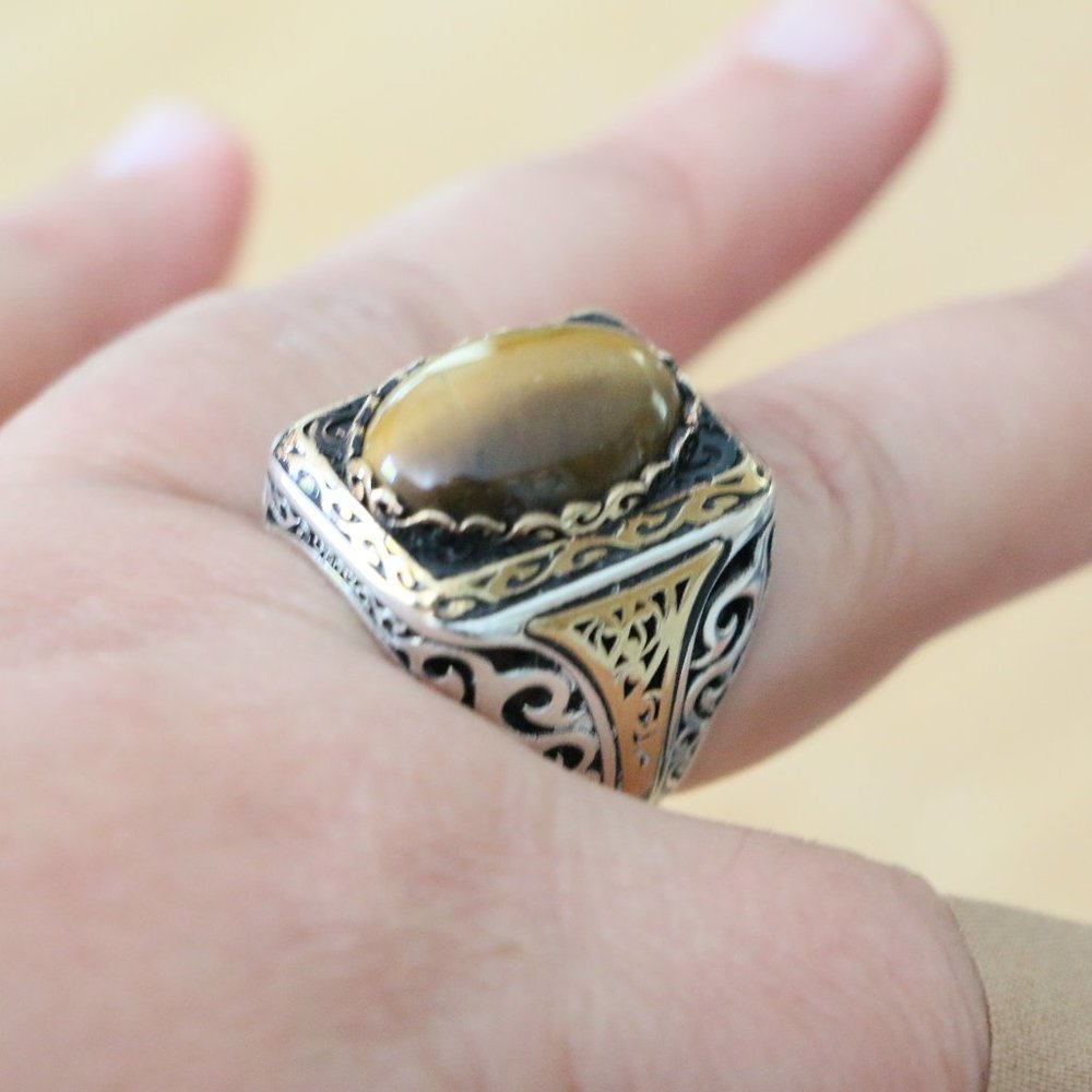 925 Sterling Silver Men's Ring with Tiger Eye -Super Elegant - Picture 3 of 13
